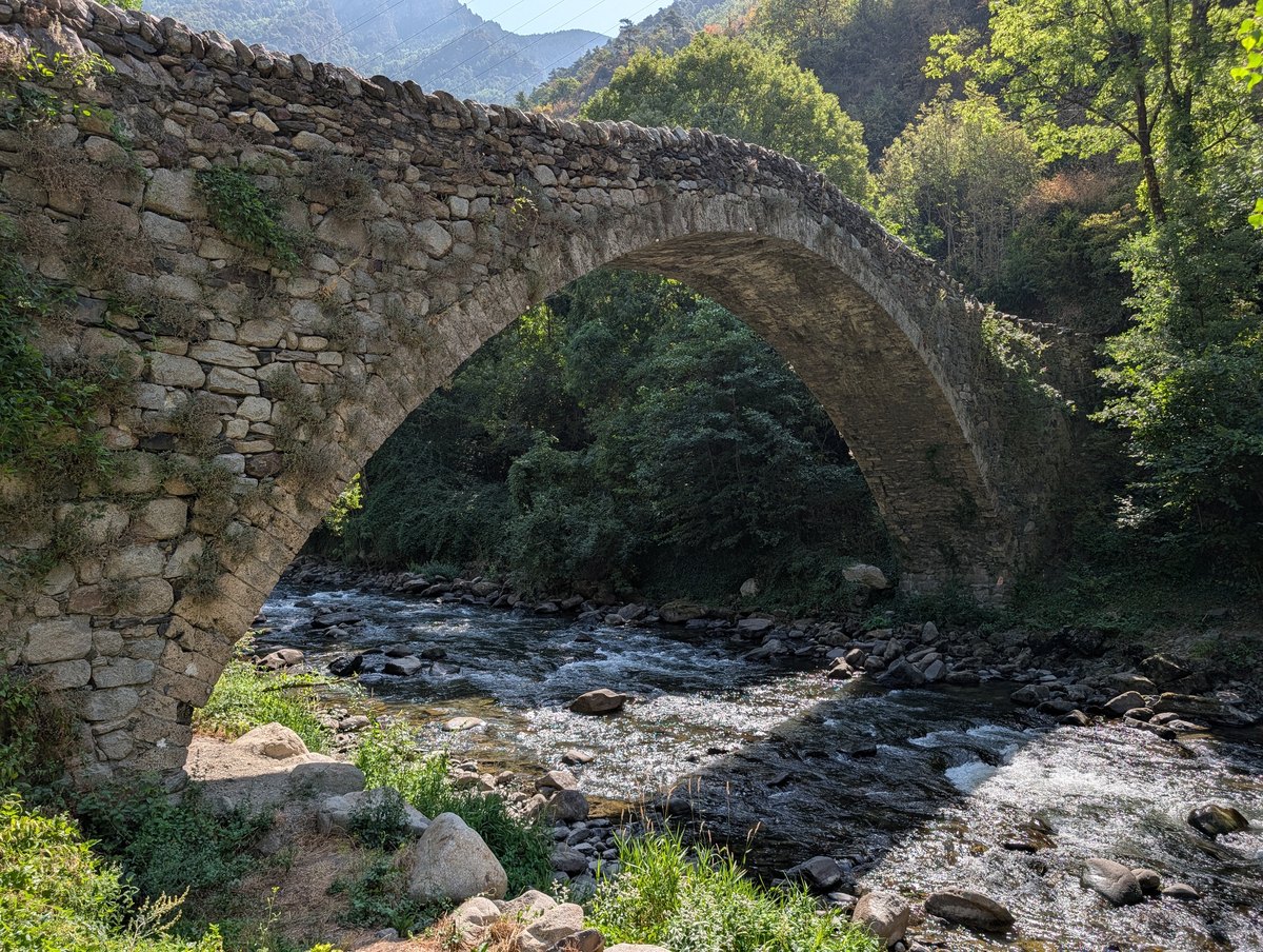 A single-arch stone bridge of dry-laid rubble spanning a fast shallow river in a wooded gorge, its parapet overgrown, with mountains visible through the gap beyond.
