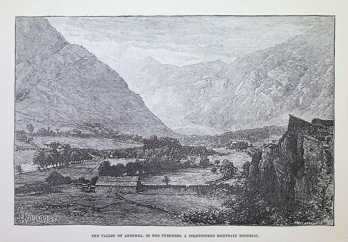 Wood engraving of a broad Pyrenean valley seen from a height: cultivated fields and orchards on the valley floor, a long low church or barn with a small belfry at centre, scattered stone houses, and a massive rubble-built structure closing the right foreground, with ridge upon ridge of mountain receding into haze behind.