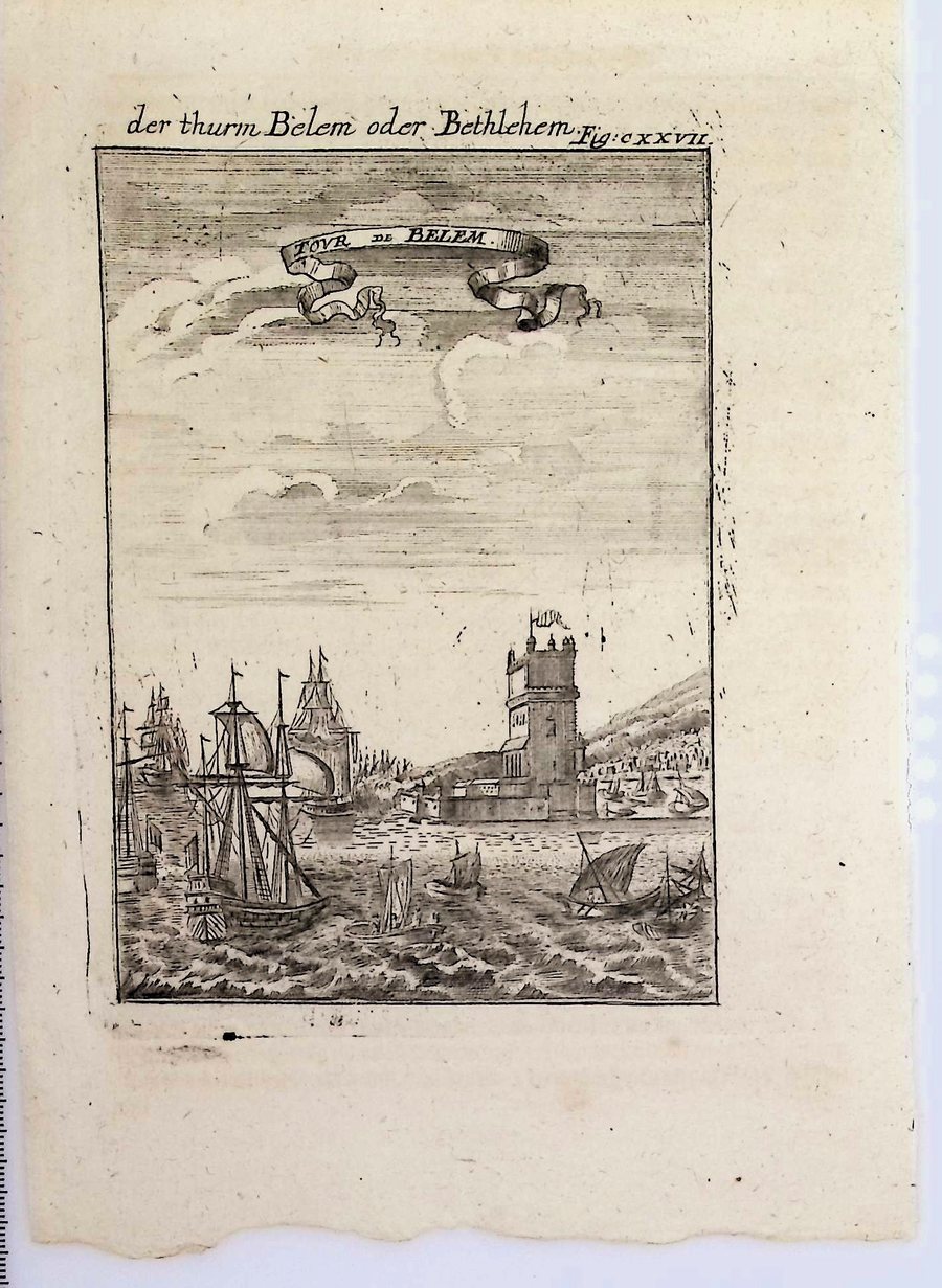 Engraved view of the tower of Belém: a four-square battlemented tower at the right with a low bastion before it, wooded hills behind, and a large ship under sail crossing the foreground among smaller lateen-rigged craft; a banderole in the sky reads TOVR DE BELEM.