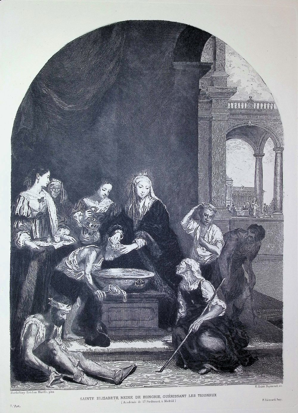 Etching after Murillo: Saint Elizabeth of Hungary, crowned and veiled, washing the head of a child over a basin, attended by court women, with beggars and the sick seated on the floor around her in a vaulted hall.