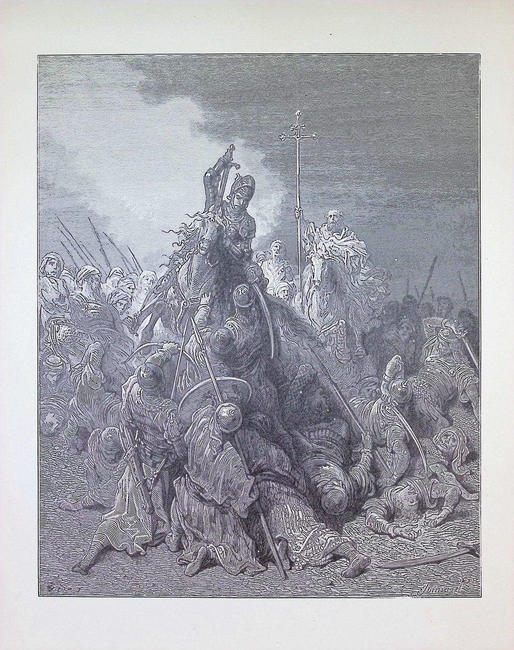 Wood-engraved battle scene: a mounted commander in armour raises his sword amid fallen combatants, with a tall processional cross held aloft behind him.
