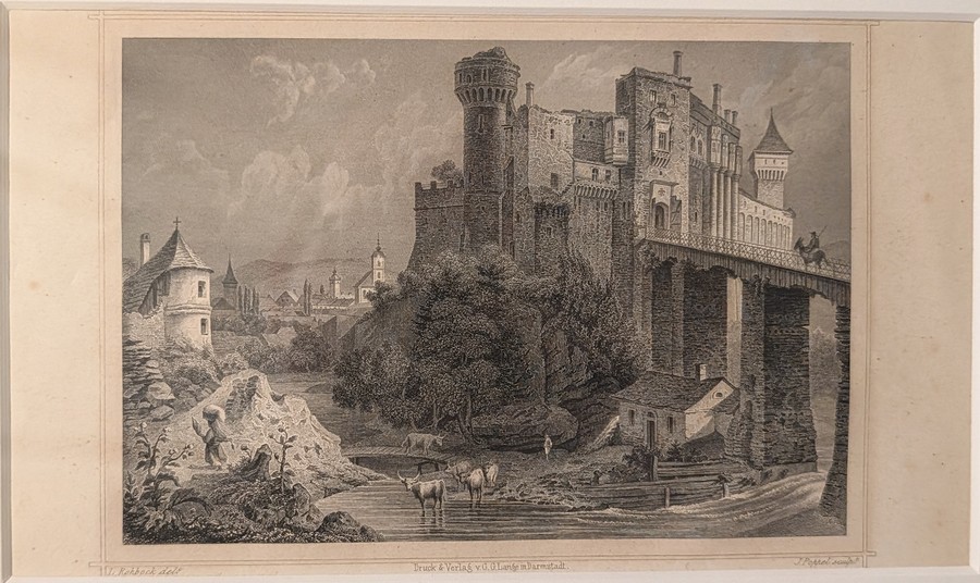 Steel engraving of Vajdahunyad Castle seen from across the river: a great Gothic pile on a rock with a round drum tower, a tall arcaded hall and a slender spired turret, reached by a long stone-piered viaduct with a rider crossing it; cattle standing in the shallows in the foreground and the town's church spires in the middle distance.