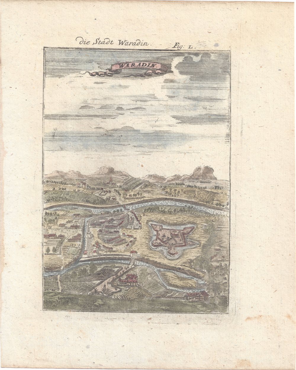Hand-coloured engraved view of the fortified town of Waradin, its river, and its star-shaped citadel, with a banner cartouche in the sky reading WARADIN.