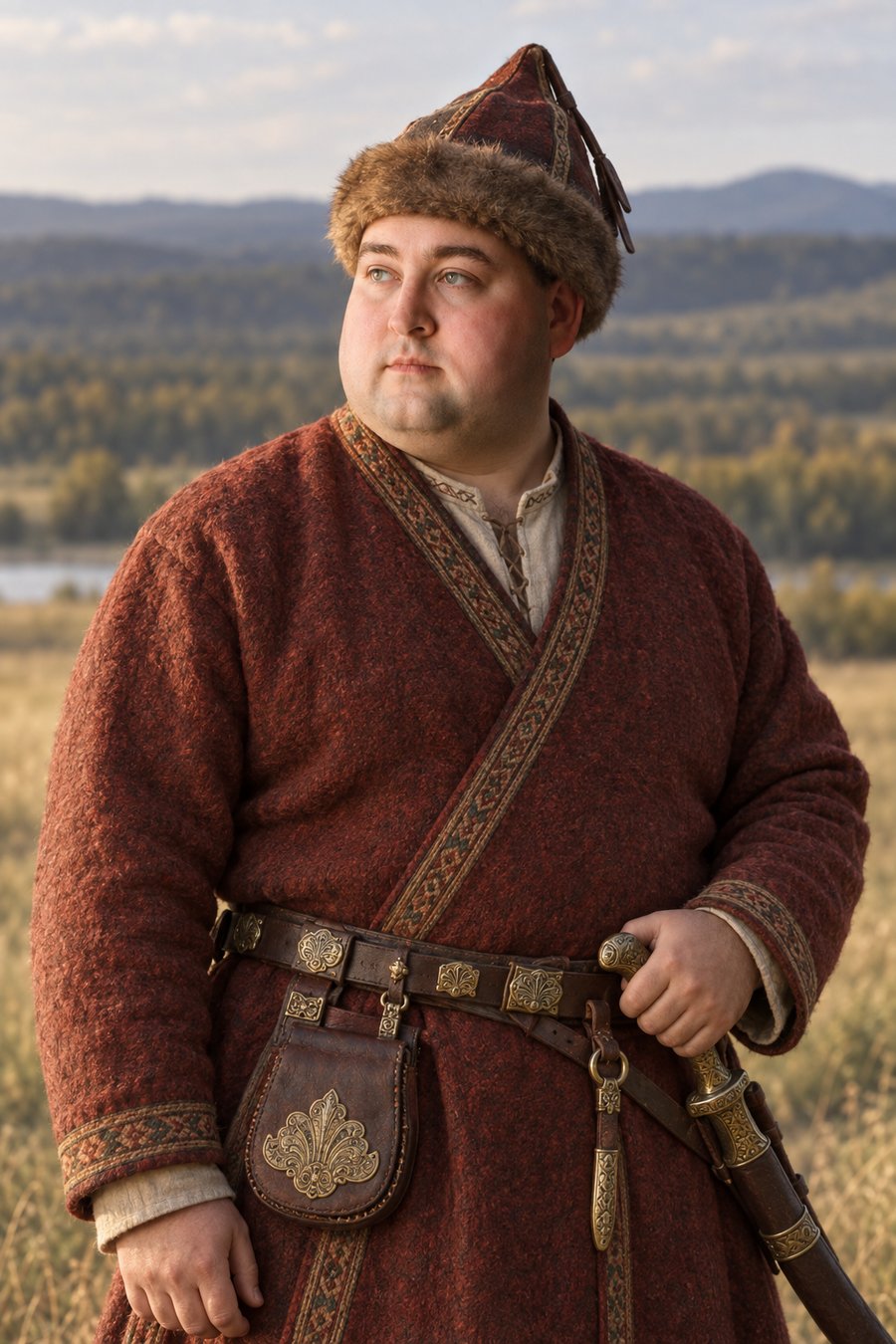 Aaron Voitus in tenth-century Magyar dress: a red wool kaftan with woven braid at the collar and cuffs, a fur-trimmed pointed cap, an ornamented leather belt with cast metal mounts, a hanging pouch, and a sabre at his side, standing in open grassland.