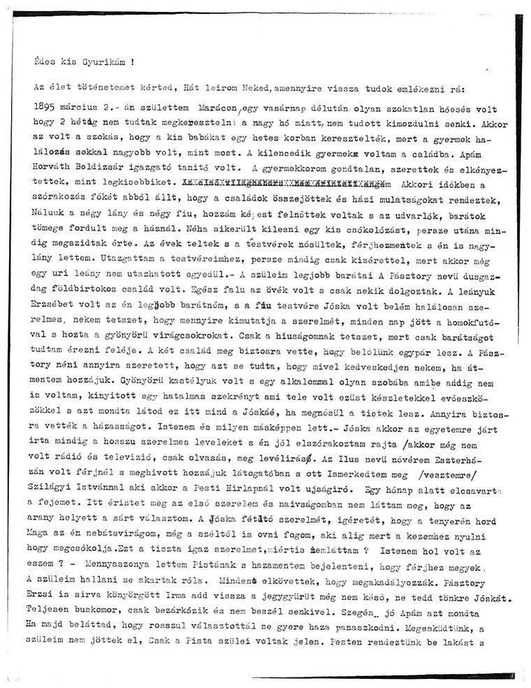 The first page of a typed Hungarian letter, single-spaced, with several passages overtyped with rows of x's to obliterate them.