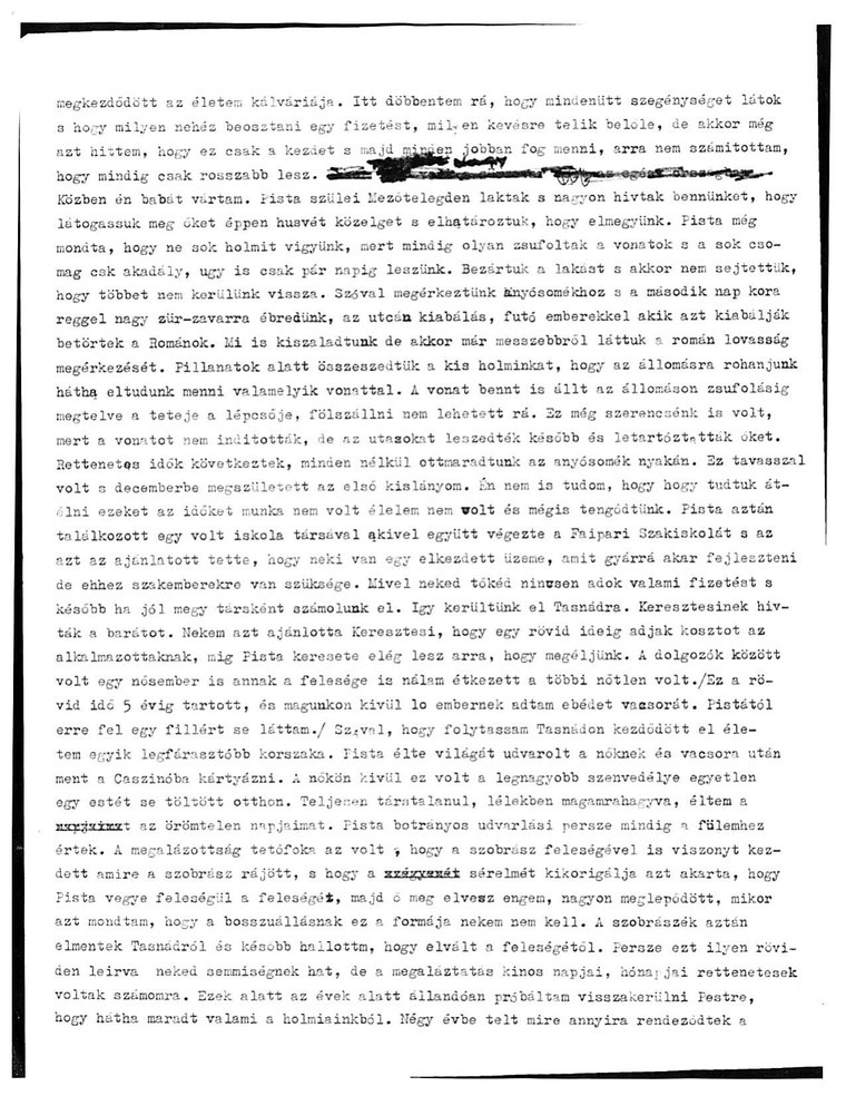 The second typed page, with a struck-out line near the top and handwriting faintly visible over it.