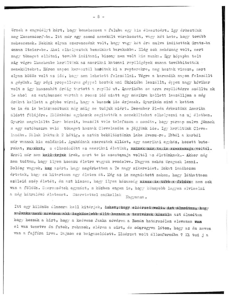 The eighth and final typed page, ending with the signature Nagymama and a short additional paragraph about a dream.